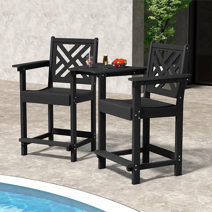 Tall Adirondack Chairs Set of 2, Outdoor 24'' Counter Height Bar Stools with Back and Arms, All-Weather HDPE Patio Tall Chairs for Balcony, Backyard, Garden, Deck (Black)