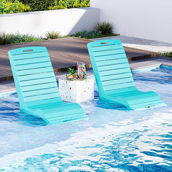 MELLCOM HDPE Pool Lounge Chairs Set of 2, in Pool Lounge Chairs up to 10-Inches of Water, Chaise Lounge Chairs with Wheels, S Shape Patio Lounge Chairs for Pool, Deck, Garden, Beach, Blue