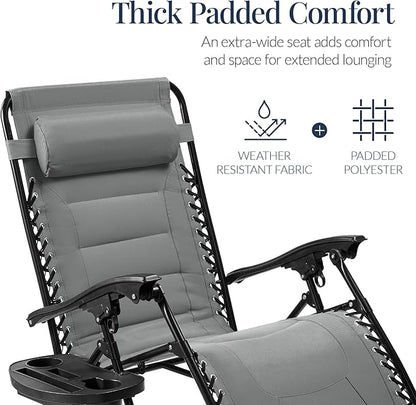Best Choice Products Oversized Padded Zero Gravity Chair, Folding Outdoor Patio Recliner, XL Anti Gravity Lounger for Backyard w/Headrest, Cup Holder, Side Tray, Polyester Mesh - Ice Gray