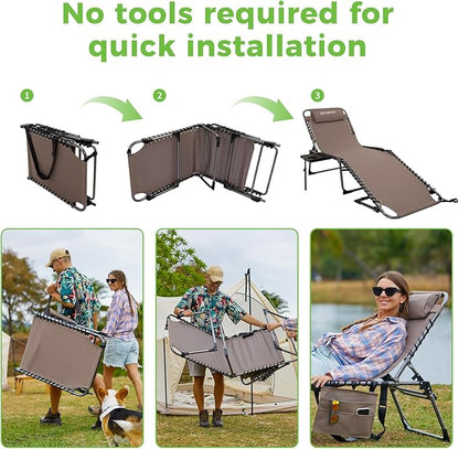 KingCamp Folding Chaise Lounge Chair for Outside Beach, Sunbathing, Patio, Pool, Lawn, Deck, Lay Flat Camping Reclining Lounge Chair with Pillow & Side Table （1 Pack, Beige）