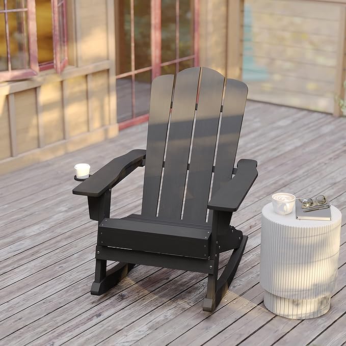 Flash Furniture Newport Adirondack Rocking Chairs with Cup Holder, Weather Resistant Poly Resin Adirondack Rocking Chairs, Set of 2, Gray