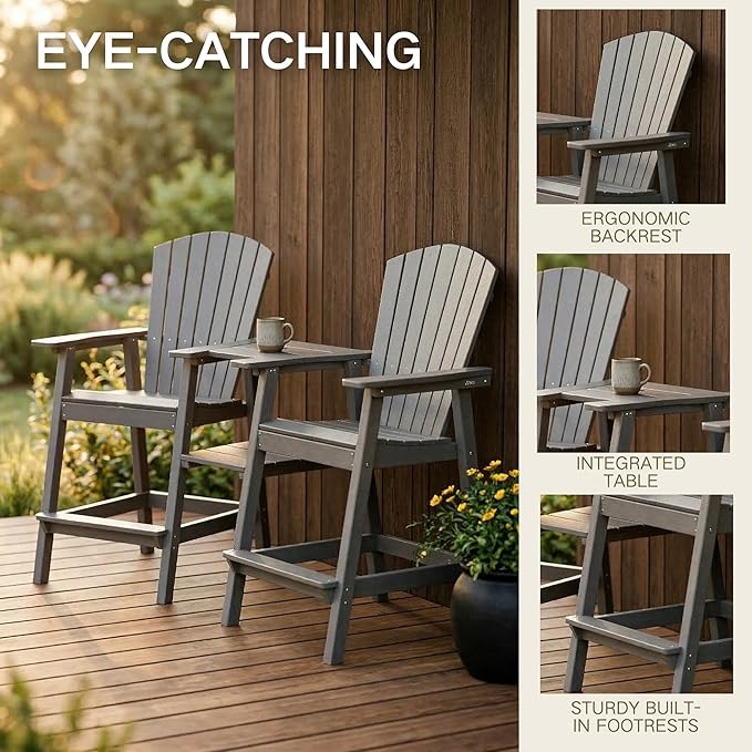 Kingdura Tall Adirondack Chairs Set of 2 with Removable Connecting Tray & 2" Umbrella Hole, Weather-Resistant HDPE Bar Height Outdoor Chairs, Wood-Look Balcony Bar Stools for Patio, Deck, Porch (Grey)