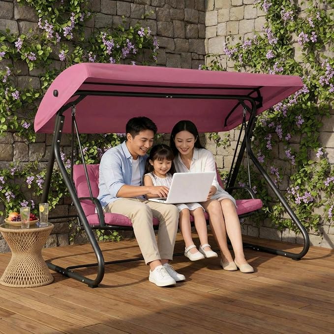 3-Seat Outdoor Convertible Swing Glider with Adjustable Canopy, 2-in-1 Bench to Flat Bed, Removable Cushions - Photo 1