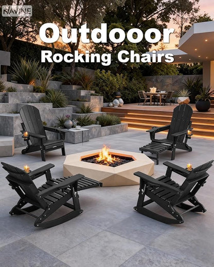 Adirondack Rocking Chairs Set of 4 with Retractable Ottoman, All Weather Folding Adirondack Chair with Two Cup Holders, Adirondack Outdoor Rocking Chairs for Porch, Patio, Balcony. Black