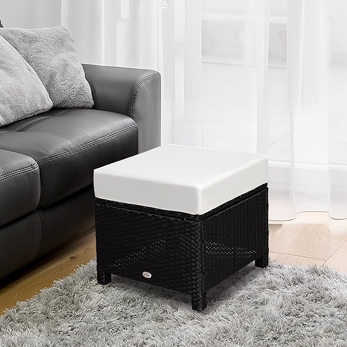 Outsunny 20" Patio Wicker Ottoman, Multipurpose Outdoor PE Rattan Footrest, Additional Seating, Side Table with Soft Cushion, Black, Cream White