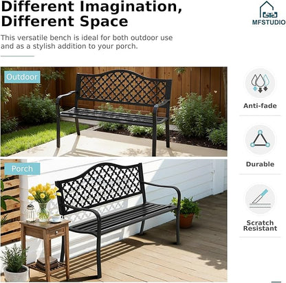 MFSTUDIO 50" Black Outdoor Metal Garden Bench, Cast Iron Frame Patio Furniture with E-Coating, Perfect for Porch and Yard
