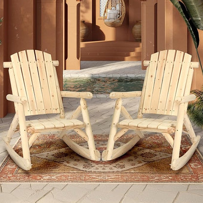 HOMEDIARY Wooden Adirondack Rocking Chair, Patio Log Rocker Outdoor Lounge Chair w/Slatted Wooden Design, High Fanned Back & Classic Rustic Style for Garden Patio Backyard Porch (Set of 2, Natural)