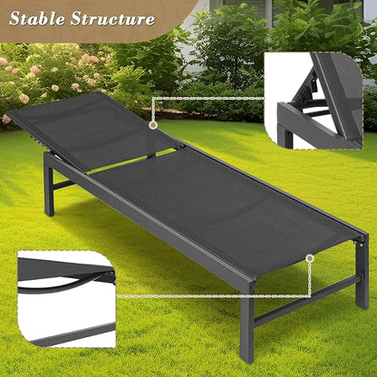 Athena Collection Outdoor Chaise Lounge Set of 2, Pool Lounge Chairs with Aluminum Frame and 6-Position Adjustable Backrest, Sun Lounger for Garden Outdoor Patio Poolside, Black