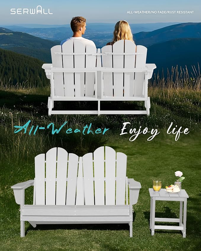 SERWALL Folding Adirondack Bench Set of 2, HDPE All-Weather 2-Person Adirondack Loveseat Bench, White - Photo 9