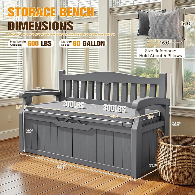 JUMMICO 80 Gallon Resin Outdoor Storage Bench with Cushion, Large Deck Box with Armrest, Lockable&Waterproof for Garden, Home, Patio, Pools (Grey, 80 Gallon)