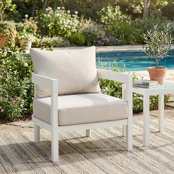 Merax 27.6" Outdoor Curved Patio Accent Chair with All-Weather Coushions, Aluminum Frame Single Lounge for Chair Porch - Photo 2