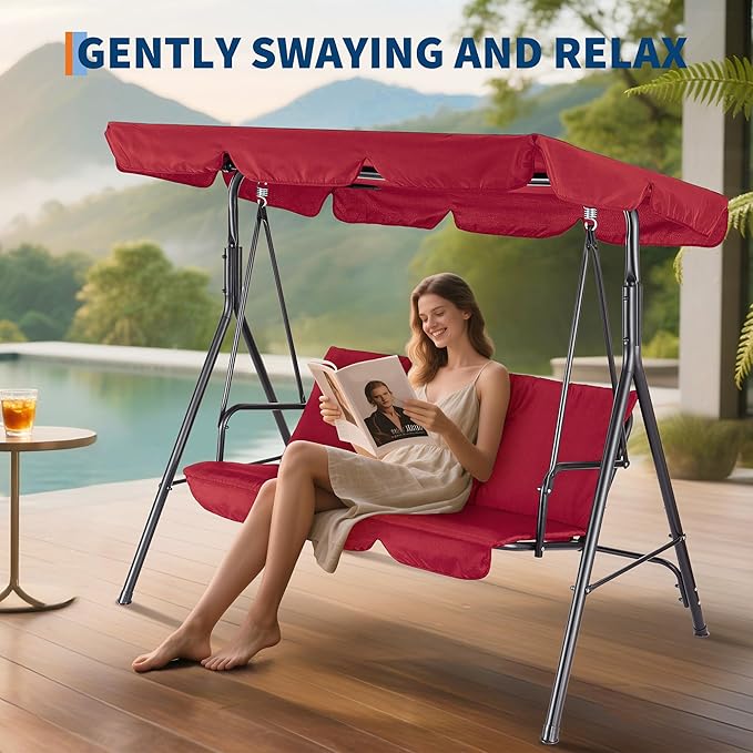 3-Seat Outdoor Porch Swing Chair with Adjustable Canopy & Thickened Cushions - Photo 7