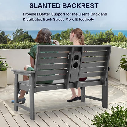 Outdoor Bench Weatherproof - HDPE 2-Person Garden Bench with Cup Holders, Bench Furniture with Backrest and Armrests, 700 lbs Capacity, Patio Park Bench for Front Porch Backyard Park (Grey)