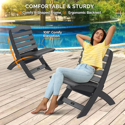 VINGLI Portable Adirondack Chairs Set of 2, Folding Plastic Adirondack Chair for All Weathers, Outdoor Fire Pit Chairs for Patio Poolside Porch Beach, Capacity 350 LBS, Black