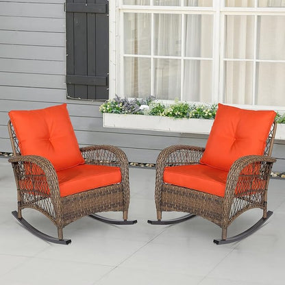 Outdoor Wicker Rocking Chair with Thickened Cushions, All-Weather Rattan Patio Rocking Chairs, Rocker Wicker Chair for Porch Garden & Backyard, Orange, Set of 2