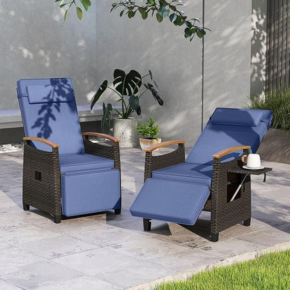 HAPPYGRILL Outdoor Rattan Wicker Chaise Lounge, Recliner Chair with Adjustable Backrest & Footrest, Outside Seat with Flip Table for Backyard, Porch, Balcony