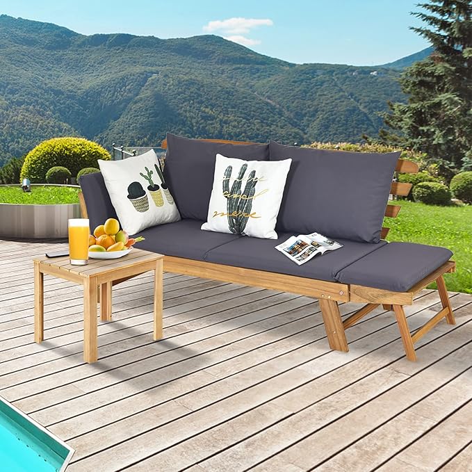 DORTALA Patio Convertible Couch Sofa Bed, Acacia Wood Daybed with Adjustable Armrest, Collapsible Chaise Lounge w/Cushions & Pillows, Grey