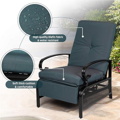SUNCROWN Outdoor Recliner Chair Patio Adjustable Relaxing Chairs Outdoor Metal Furniture Chair with Thick Cushion(Peacock Blue)