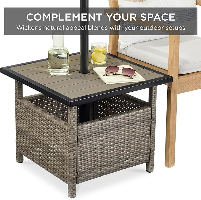 Best Choice Products Wicker Side Table with Umbrella Hole, Square PE Rattan Outdoor End Table for Patio, Garden, Poolside, Deck w/UV-Resistant Frame, Storage Space - Taupe
