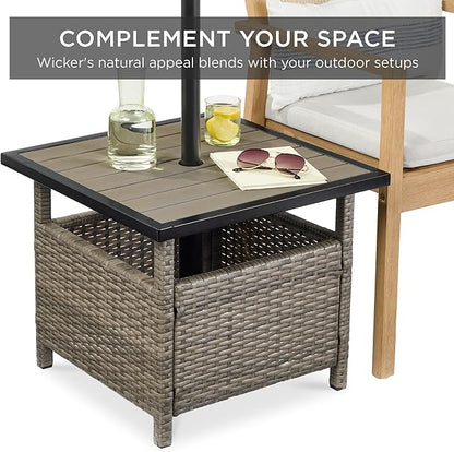 Best Choice Products Wicker Side Table with Umbrella Hole, Square PE Rattan Outdoor End Table for Patio, Garden, Poolside, Deck w/UV-Resistant Frame, Storage Space - Taupe