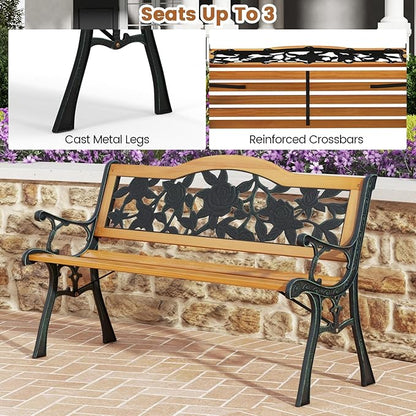 Tangkula Outdoor Garden Bench Park Bench, Patio Furniture Bench Chair with Cast Iron & Hardwood Structure, Weather Proof Porch Loveseat, Perfect for Backyard, Deck, Lawn, Poolside