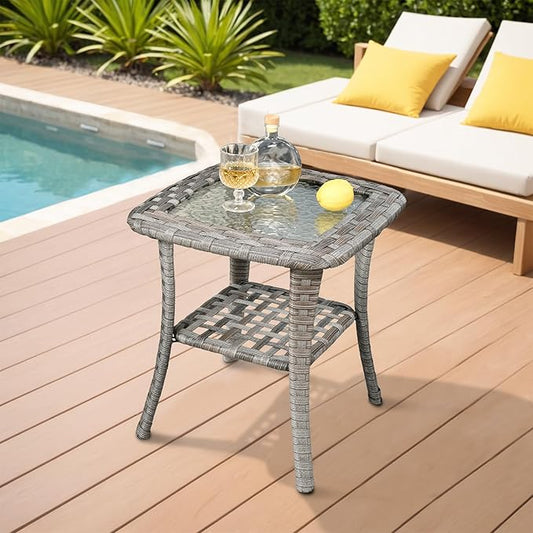 ovios Outdoor Side Table with Tempered Glass Top, Patio Wicker Rattan Bistro Coffee Tables with 2 Tiers Storage for Porch Deck Balcony Garden Poolside, Light Grey