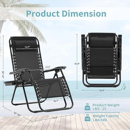 Zero Gravity Chair Set of 2, Folding Reclining Zero Gravity Recliner Lounge Chair 330lbs with Pillow and Cup Holder Trays, Steel Mesh Outdoor recliners for Patio Poolside Backyard Beach (Black)
