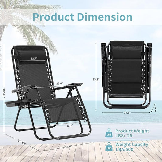 Zero Gravity Chair Set of 2, Folding Reclining Zero Gravity Recliner Lounge Chair 330lbs with Pillow and Cup Holder Trays, Steel Mesh Outdoor recliners for Patio Poolside Backyard Beach (Black)
