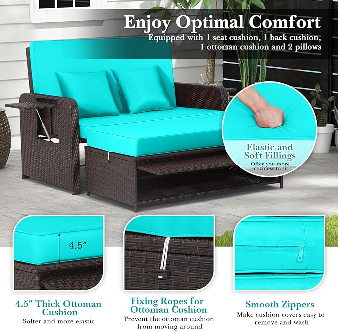Nightcore Wicker Patio Outdoor Daybed, Outdoor Chaise Lounger w/ 4-Level Adjustable Backrest, Retractable Side Trays - Photo 7