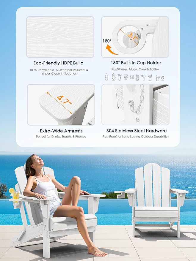 KINGYES Adjustable Folding Adirondack Chair, 3-Position Reclining Adirondack Chairs with Cup Holder, HDPE All-Weather Oversized Adirondack for Outdoor, Patio, Backyard Deck, Fire Pit, White