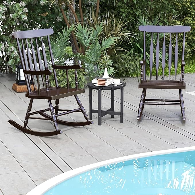 Giantex Outdoor Wood Rocking Chair Set of 2, Patio Rocking Chair w/Rubber Wood Frame, Slat Back, Outside & Indoor Rocker for Garden, Poolside, Balcony, Backyard, Lawn, Front Porch Rocker, Dark Coffee