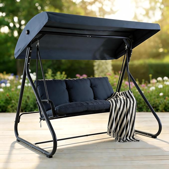 3-Seat Outdoor Convertible Swing Glider with Adjustable Canopy, 2-in-1 Bench to Flat Bed, Removable Cushions - Photo 6