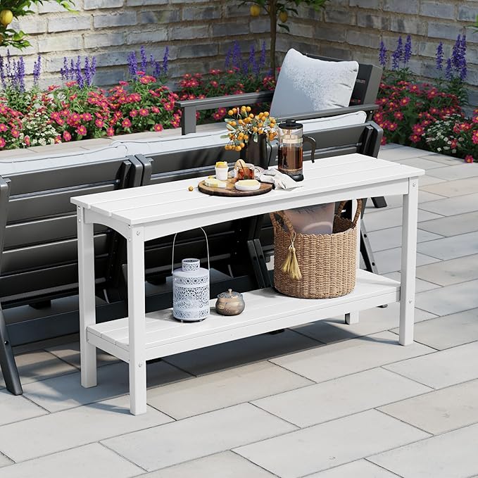 WestinTrends Malibu 55" Outdoor Patio HDPE Adirondack 2-Tier Shelf Console Table, White