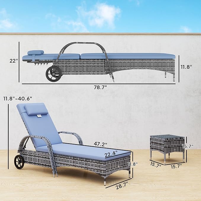 Outsunny Wicker Outdoor Chaise Lounge Chair Set of 3 with Side Table, 5-Level Adjustable Backrest PE Rattan Pool Lounge Chair with Wheels, Cushion & Headrest, Mixed Gray and Gray