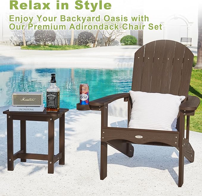 Y&M Adirondack Chair Set of 4, Dark Brown Fire Pit Chairs, Outdoor Patio Chairs with Cup Holder, Weather Resistant HDPE Wooden Textured Patio Chairs, Perfect for Garden, Lawn, Deck, or Poolside