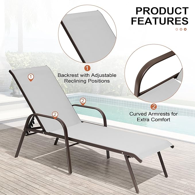 Crestlive Outdoor Chaise Lounge Chair,5-Position Pool Lounge Chairs with Armrests Sunbathing Recliner for Patio,Beach,Deck,Yard (4PC Brown)