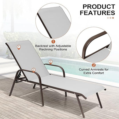 Crestlive Outdoor Chaise Lounge Chair,5-Position Pool Lounge Chairs with Armrests Sunbathing Recliner for Patio,Beach,Deck,Yard (4PC Brown)