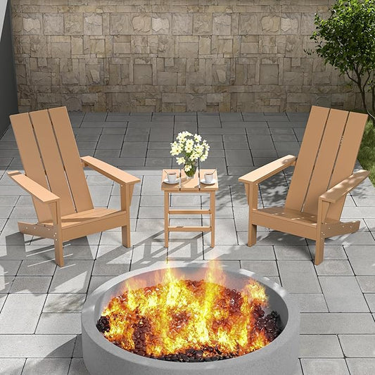 3 Pieces Adirondack Chair Set Outdoor Adirondack Chair Plastic HDPE All-Weather Adirondack Chairs Outdoor Fire Pit Chairs with Table for Deck Patio Garden（Brown）