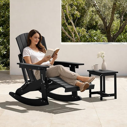 Adirondack Rocking Chair with Retractable Ottoman, 4-in-1 Foldable Reclining Patio Chair, HDPE Wood-Look Outdoor Rocker for Porch, Garden & Poolside, Black