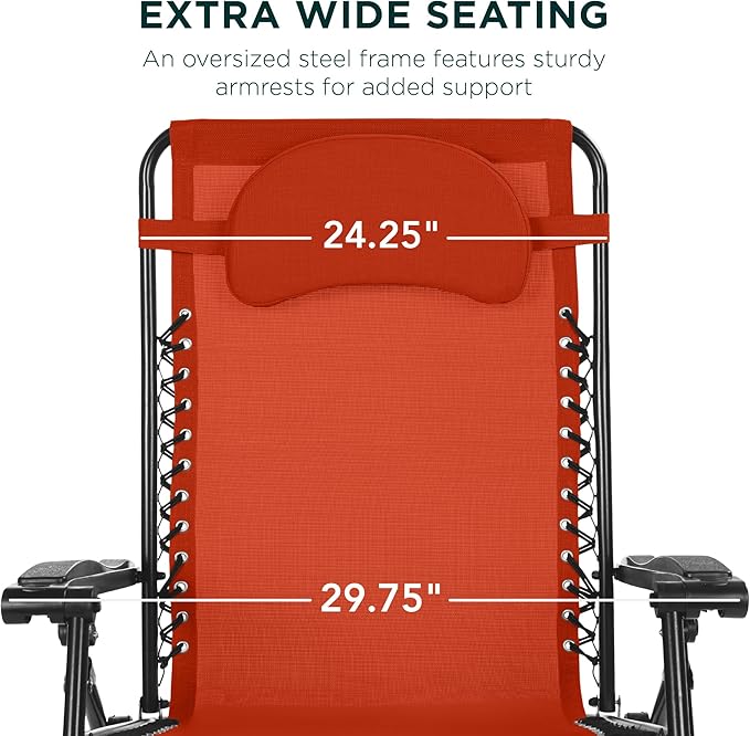 Best Choice Products Oversized Zero Gravity Chair, Folding Outdoor Patio Lounge Recliner w/Cup Holder Accessory Tray, Pillow - Burnt Orange