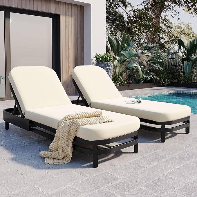 Merax Outdoor Lounge Chair Set of 2, Modern Aluminum Chaise Loungers with Premium Olefin Cushions - Photo 3
