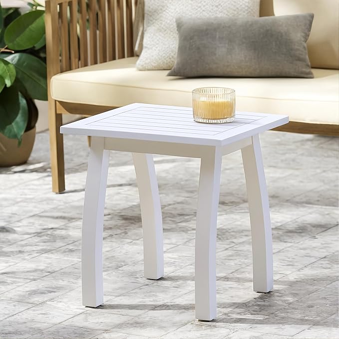 Christopher Knight Home Selma Acacia Wood Outdoor Side Table, Decorative Rectangular Small Accent Table, Weather Resistant Patio End Table for Balcony Beach Pool Side, Slatted Design, White PU