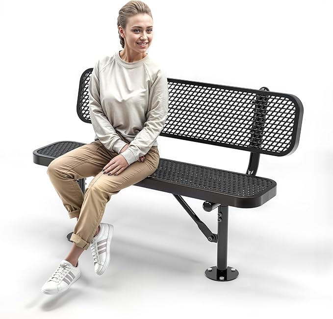 Heavy-Duty Outdoor Metal Bench, Thermoplastic-Coated, Surface, Weatherproof, Commercial-Grade for Parks, Gardens, Patios, Stores & More (4 Ft - Surface with Back, Black)