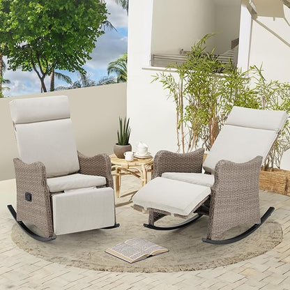 HOMREST Outdoor Recliners Set of 2, Wicker Recling Chairs with 150°Adjustable Back, Porch Balcony Recliner with Extended Footrest & Removable Cushion for Garden, Light Grey