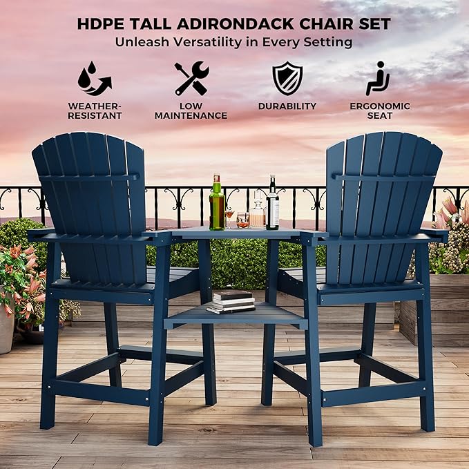 Outdoor Recycled Poly Adirondack Barstools with Connecting Tray, Tall Adirondack Chairs Bar Chairs for Deck, Balcony, Backyard, Patio Bar Stool Chair with High Back Weather Resistant Set of 2