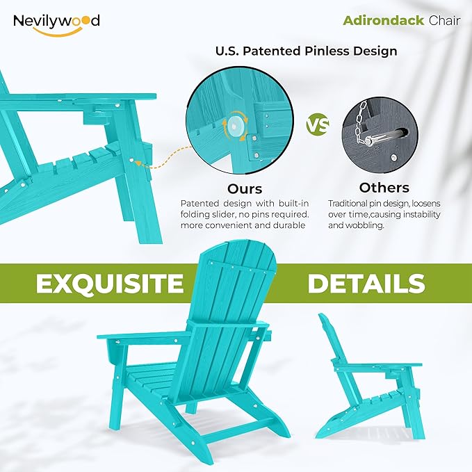nevilywood HDPE Foldable Adirondack Chairs Set of 2, Waterproof All-Weather Outdoor Design, for Fire Pit, Patio & Beach - Photo 7
