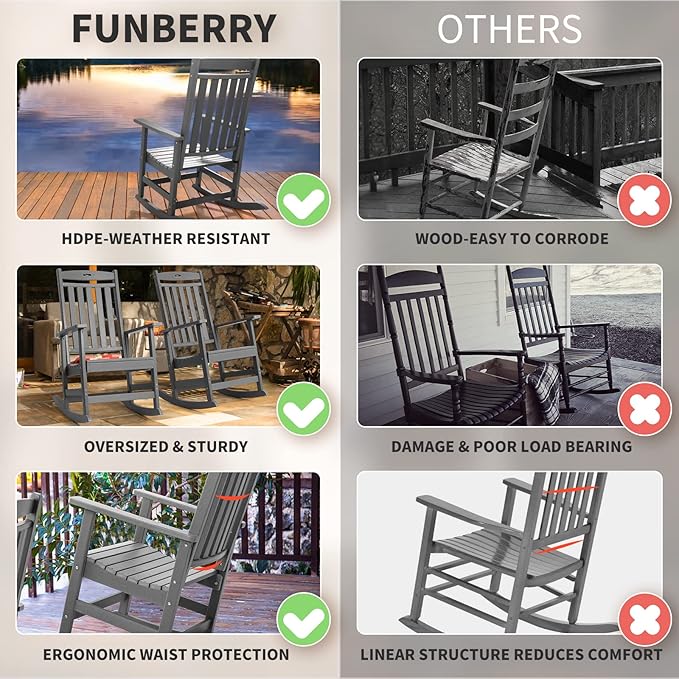 FUNBERRY Outdoor Rocking Chairs Set of 4, HDPE All Weather Poly Lumber Rocker, High Back Patio Rockers Easy Assembly