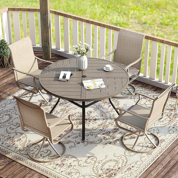 VICLLAX 40.6" Round Patio Table with Umbrella Hole, All Weather Metal Outdoor Dining Table for 4, Outside Table with Storage Shelf for Lawn Garden, Grey Wood-Grain Finish