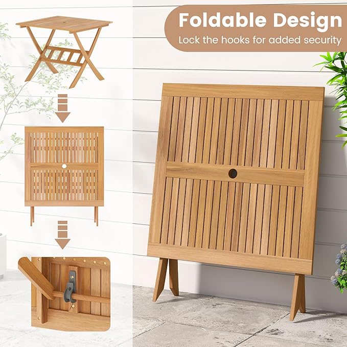 Tangkula 36" Acacia Wood Patio Dining Table, Square Folding Outdoor Bistro Table with Umbrella Hole and X-Shaped Frame - Photo 6