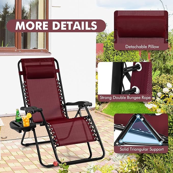 Giantex 2 PCS Zero Gravity Chair, Outdoor Chaise Lounge with Cup Holder, Patio Folding Chairs Recliner for Yard Pool Lawn Balcony, Burgundy
